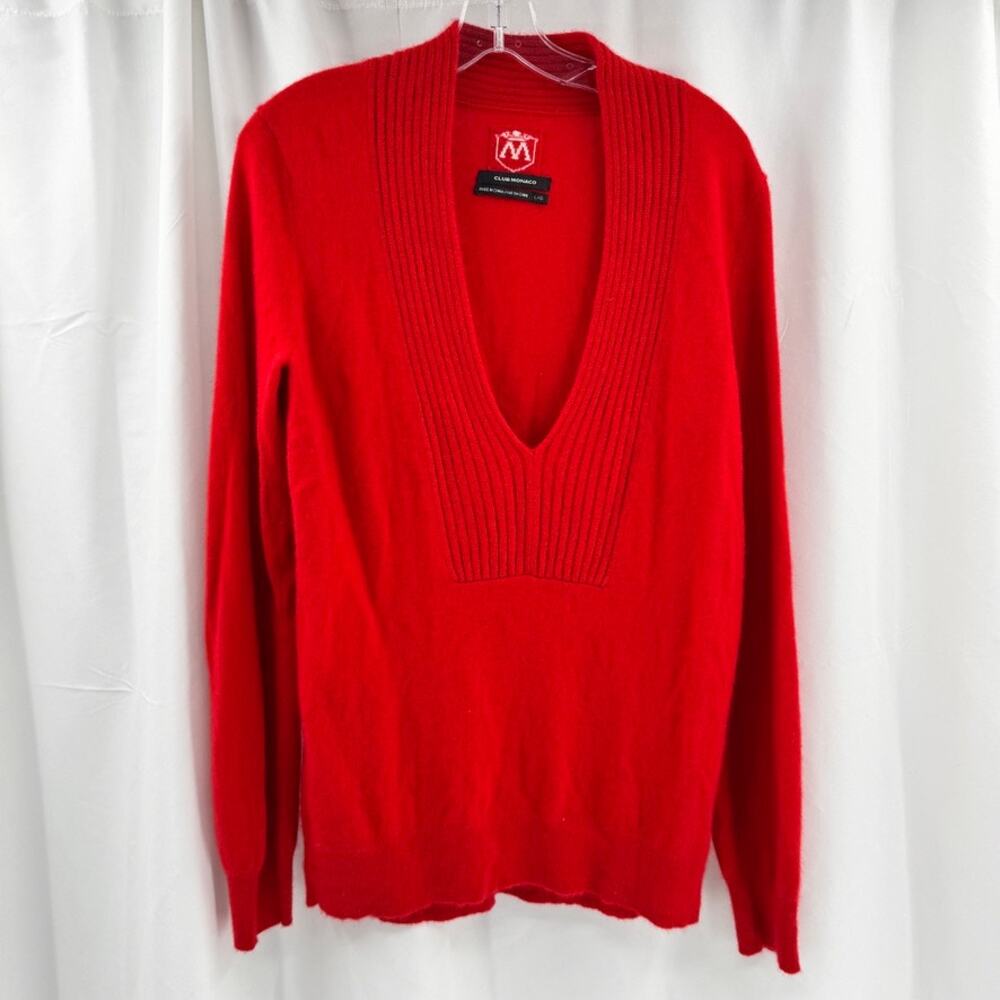 Club Monaco Cashmere Sweater V-Neck Red Sz L Ribbed Neck